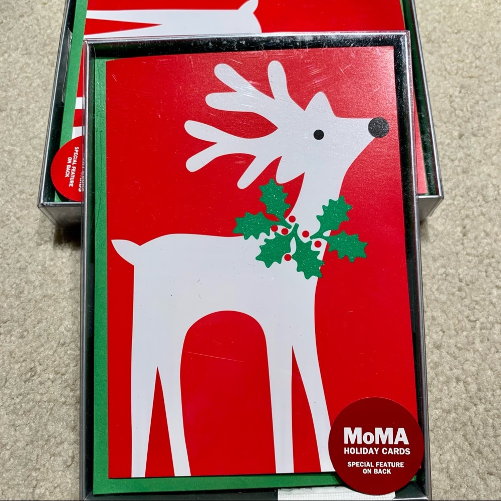 New MOMA 3D Pop- Up Holiday Christmas Cards Red Reindeer Duet 8 card envelope